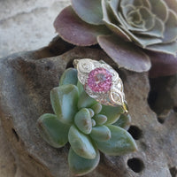 platinum & 14k gold two tone pink sapphire & diamond estate Deco Ring