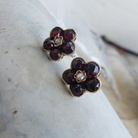 9k gold rose cut garnet & pearl stud flower earrings