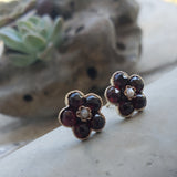 9k gold rose cut garnet & pearl stud flower earrings