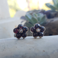 9k gold rose cut garnet & pearl stud flower earrings