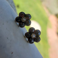 9k gold rose cut garnet & pearl stud flower earrings