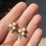 14k gold CLOVER pearl & turquoise earrings