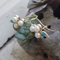 14k gold CLOVER pearl & turquoise earrings