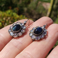 Victorian silver top & 14k yellow gold rose cut diamond and sapphire lever back earrings