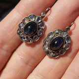 Victorian silver top & 14k yellow gold rose cut diamond and sapphire lever back earrings