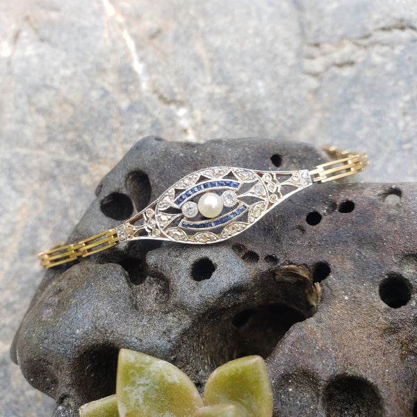 18k gold two tone diamond & sapphire Edwardian bracelet