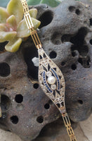 18k gold two tone diamond & sapphire Edwardian bracelet