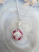 platinum & 14k gold white gold ruby & diamond DECO necklace pendant