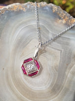 platinum & 14k gold white gold ruby & diamond DECO necklace pendant