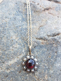 Victorian 9k-10k gold garnet & pearl flower pendant necklace