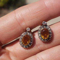 14k gold & silver top citrine & diamond halo estate stud earrings