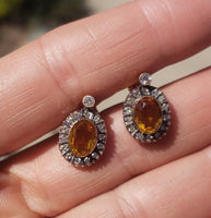 14k gold & silver top citrine & diamond halo estate stud earrings
