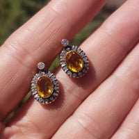 14k gold & silver top citrine & diamond halo estate stud earrings