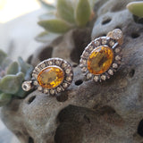 14k gold & silver top citrine & diamond halo estate stud earrings