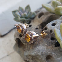 14k gold & silver top citrine & diamond halo estate stud earrings