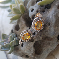 14k gold & silver top citrine & diamond halo estate stud earrings
