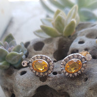 14k gold & silver top citrine & diamond halo estate stud earrings