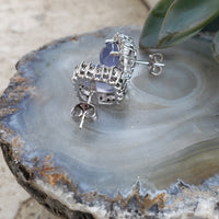 14k white gold chalcedony & diamond halo estate stud earrings