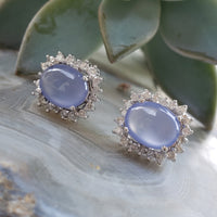 14k white gold chalcedony & diamond halo estate stud earrings