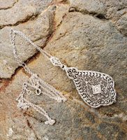 14k white gold Deco c.1920's diamond filigree necklace pendant