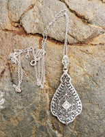 14k white gold Deco c.1920's diamond filigree necklace pendant