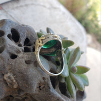 14k gold two tone c.1920's Deco filigree Deco ring created green & seed pearls