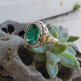 14k gold two tone c.1920's Deco filigree Deco ring created green & seed pearls
