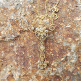 14k gold Victorian natural pearl & diamond flower necklace pendant lavaliere