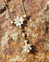 14k gold Victorian natural pearl & diamond flower necklace pendant lavaliere