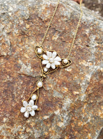 14k gold Victorian natural pearl & diamond flower necklace pendant lavaliere