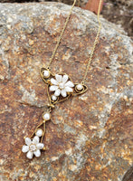 14k gold Victorian natural pearl & diamond flower necklace pendant lavaliere