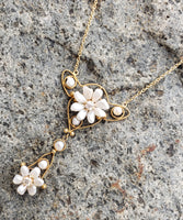 14k gold Victorian natural pearl & diamond flower necklace pendant lavaliere