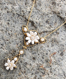 14k gold Victorian natural pearl & diamond flower necklace pendant lavaliere