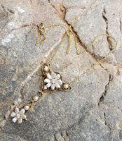 14k gold Victorian natural pearl & diamond flower necklace pendant lavaliere