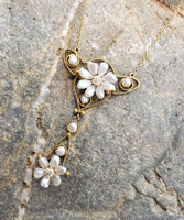 14k gold Victorian natural pearl & diamond flower necklace pendant lavaliere