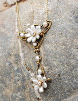 14k gold Victorian natural pearl & diamond flower necklace pendant lavaliere