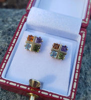 14k gold amethyst citrine peridot & topaz estate stud earrings