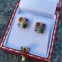 14k gold amethyst citrine peridot & topaz estate stud earrings