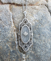 10k white gold Deco c.20's etched quartz crystal diamond pendant necklace