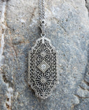 10k white gold Deco c.1920's diamond filigree necklace pendant