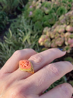 14k yellow gold carved flower floral coral estate filigree ring