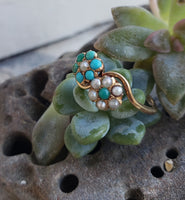 10k gold Victorian turquoise & seed pearl estate flower ring