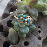10k gold Victorian turquoise & seed pearl estate flower ring