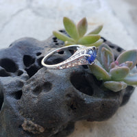 14k white gold oval blue sapphire filigree ring