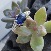 14k white gold oval blue sapphire filigree ring