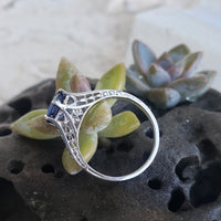 14k white gold oval blue sapphire filigree ring