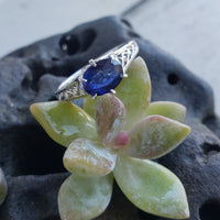 14k white gold oval blue sapphire filigree ring
