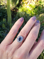 platinum & 18K gold sapphire & rose cut diamond Victorian halo ring