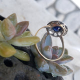 platinum & 18K gold sapphire & rose cut diamond Victorian halo ring