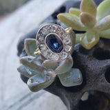 platinum & 18K gold sapphire & rose cut diamond Victorian halo ring